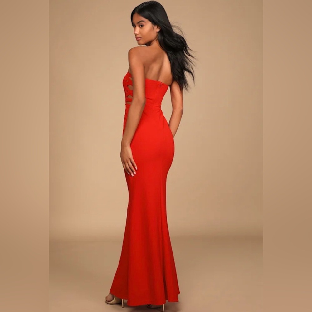 Lulus Glamorous Gala Red Strapless Cutout Mermaid Maxi Dress